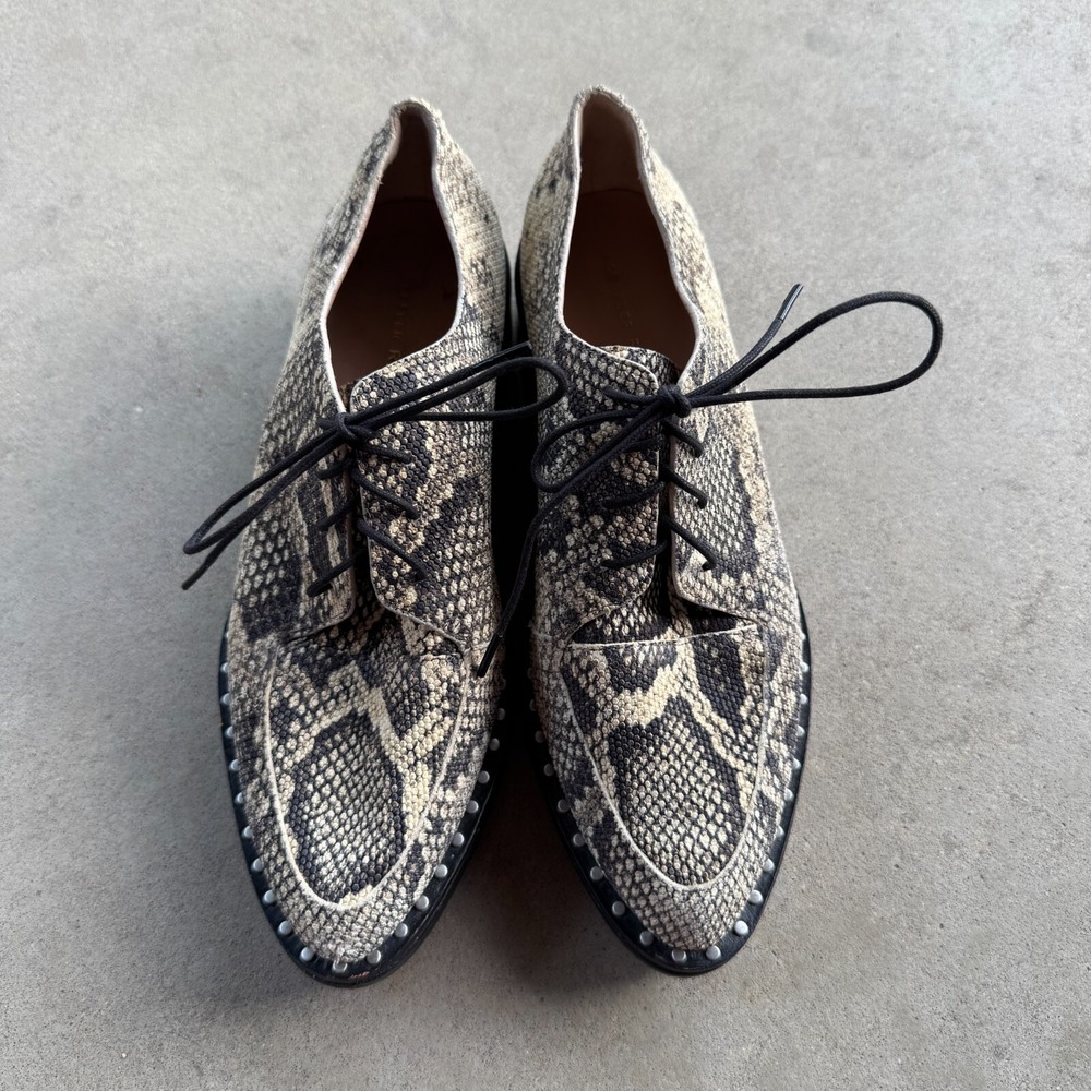 Loeffler Randall Snakeskin Lace-Up Flats in Black and Cream
